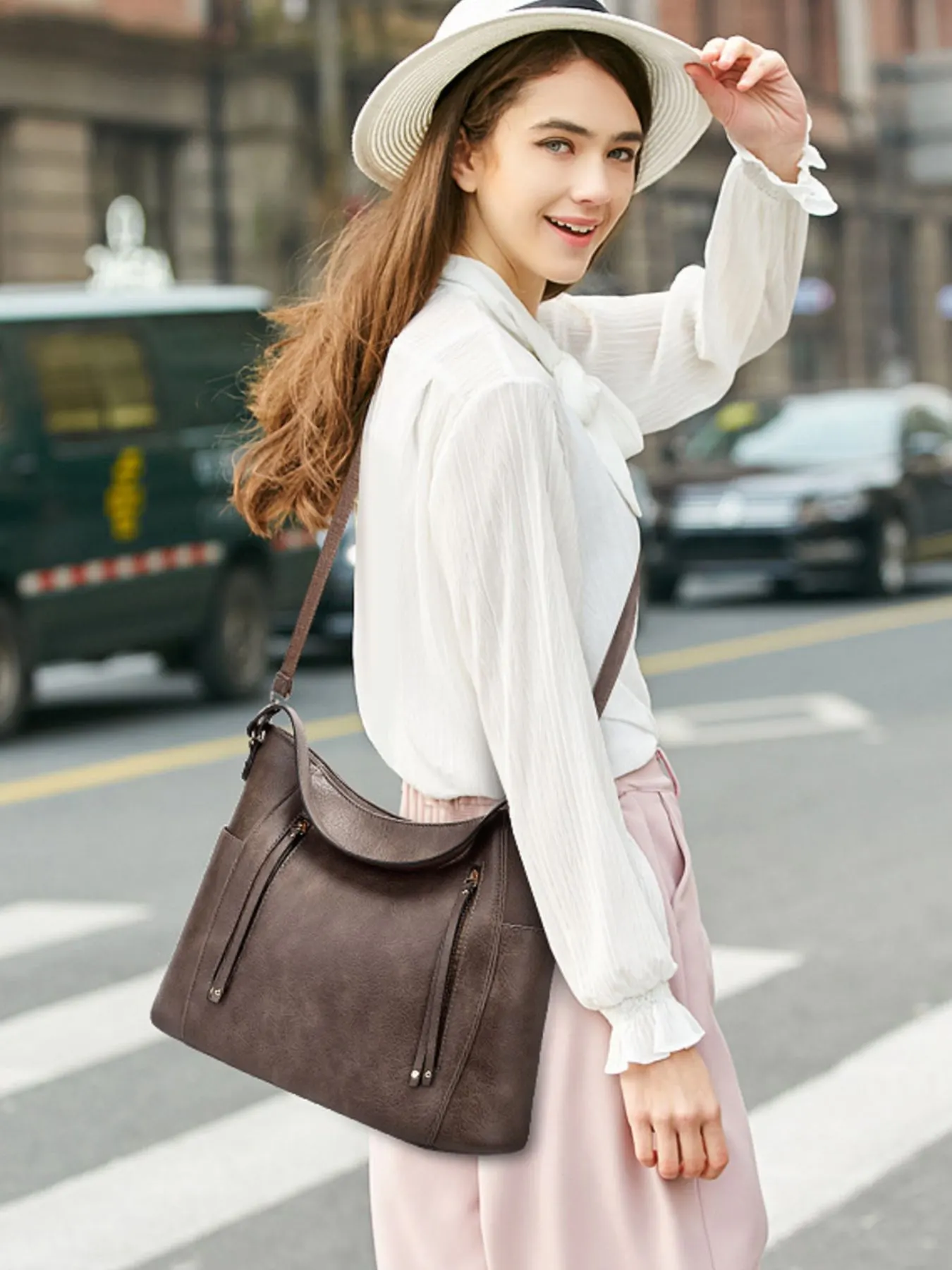 PU Leather Bucket Crossbody Bag with Gold-Tone Hardware