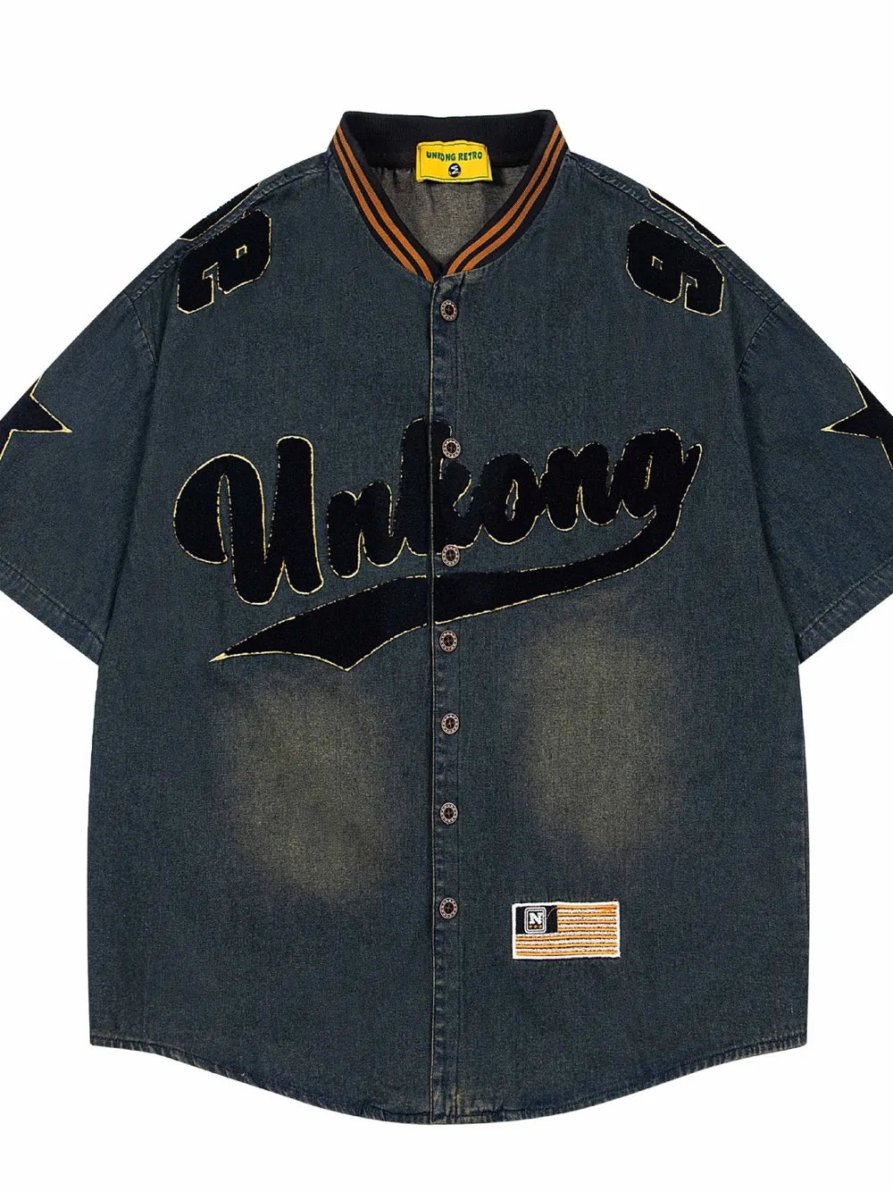 Washed Baseball Collar Denim Shirt with Embroidered Detail