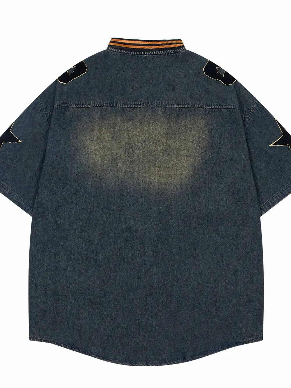 Washed Baseball Collar Denim Shirt with Embroidered Detail